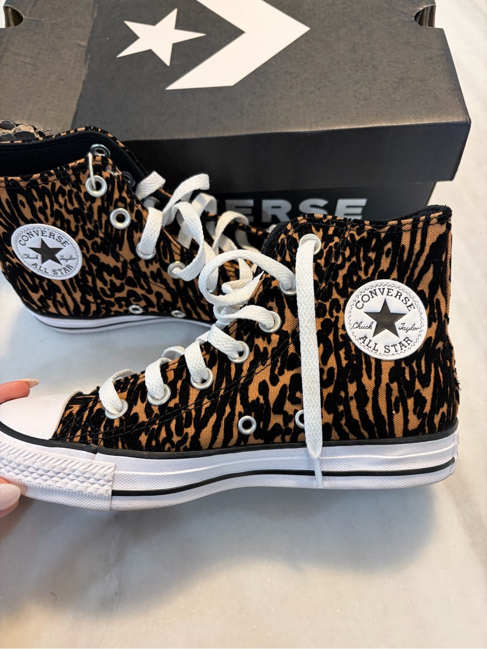 Converse Women’s High Top Sneakers in Brown and Black Leopard Print - Picture 2 of 5